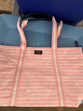 Victoria's Secret Pink and White Striped Tote Bag